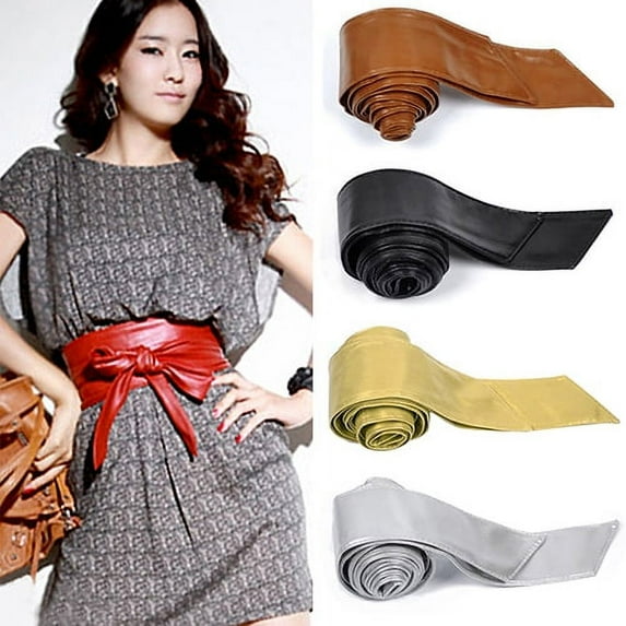 Dress Choice 2 Pcs Set Woman Wide Faux Leather Belt Obi Style Belt Self Tie Belt Bowknot Waistband for Dress