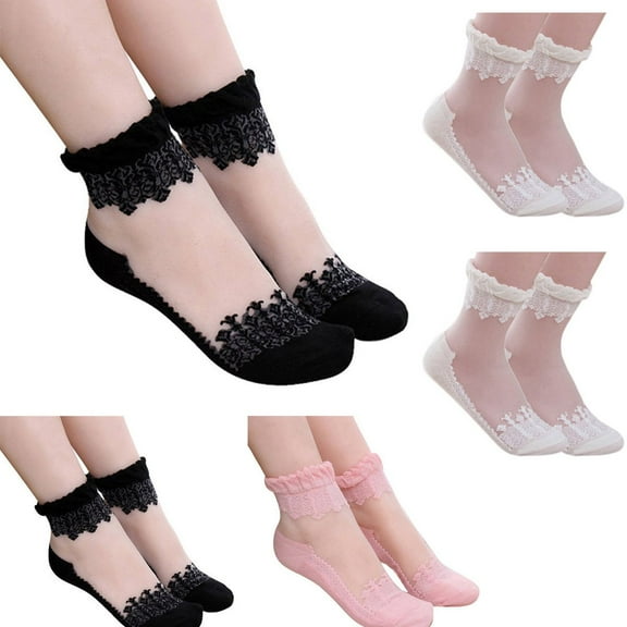 Dress Choice 5 Pairs Womens Girls Sheer Lace Ankle Socks Ultra Thin Transparent Mesh Low Cut Socks Silk Nylon Fishnet Short Transparent Socks