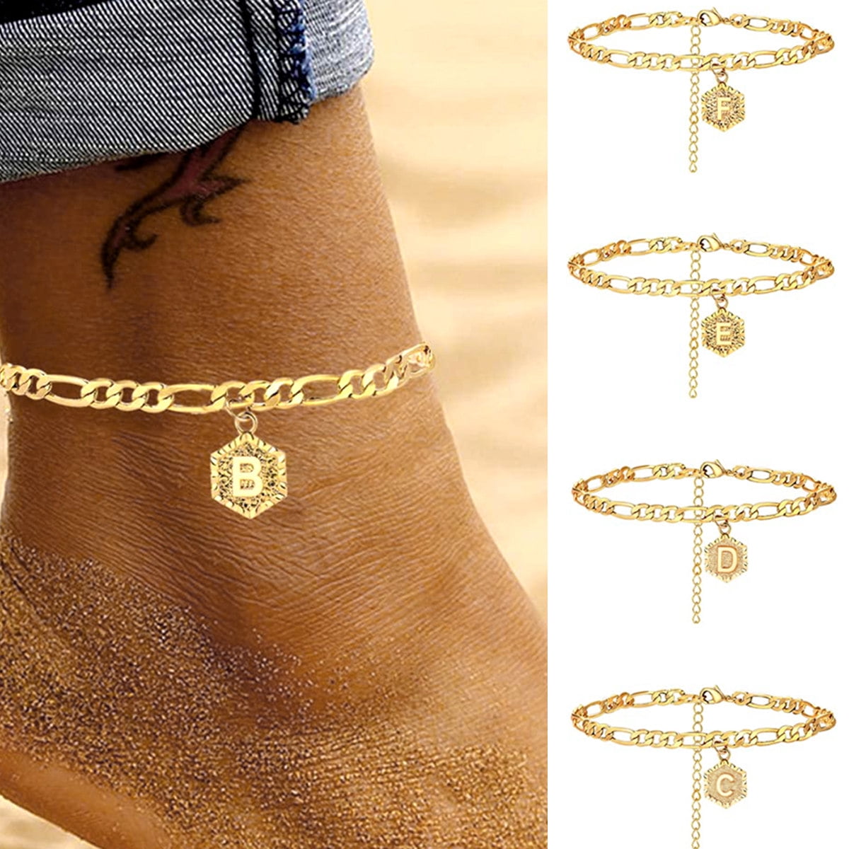 Dress Choice A to Z Initial Letter Ankle Bracelet 18K Gold Plated Anklet Charm with Letter Alphabet Cuban Link Chain Personalized Adjustable Barefoot