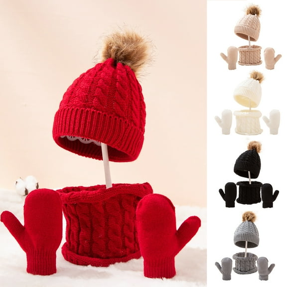 Dress Choice Baby Winter Beanie Hat Scarf Glove Set Knitted Beanie Cap Pom Pom Neck Warmer Circle Loop Scarf and Mitten Gloves Fleece Lined for Kids Baby Infant Toddler