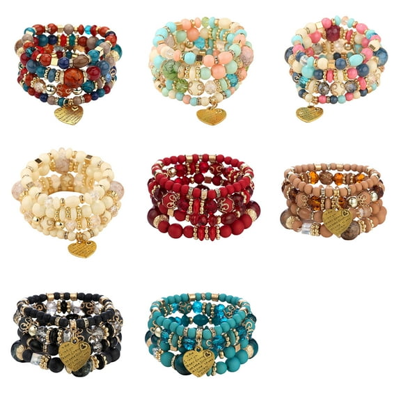 Dress Choice Bohemian Multilayer Stackable Bead Bracelets for Women Men Multilayered Sparkly Crystal Bracelet Set Pendant Charm Stretch Bangles for Teen Girls