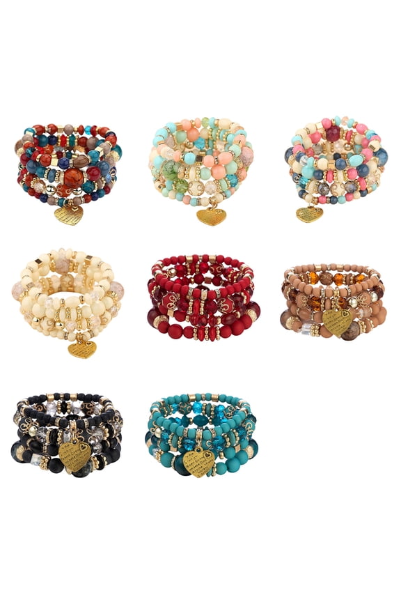 Dress Choice Bohemian Multilayer Stackable Bead Bracelets for Women Men Multilayered Sparkly Crystal Bracelet Set Pendant Charm Stretch Bangles for Teen Girls