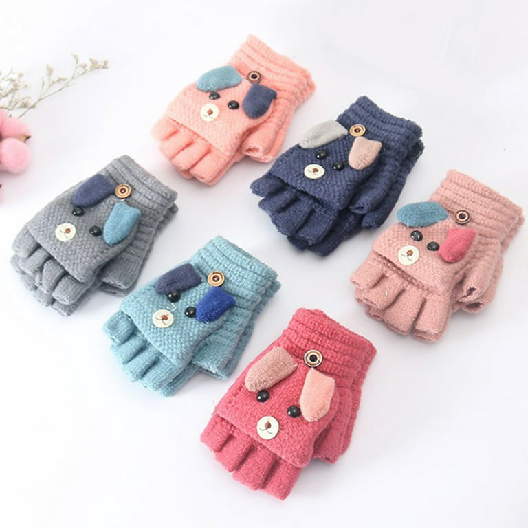 Dress Choice Cartoon Dog Convertible Flip Top Gloves Toddler Kids Winter  Knit Fingerless Gloves with Mitten Cover for Girls Boys