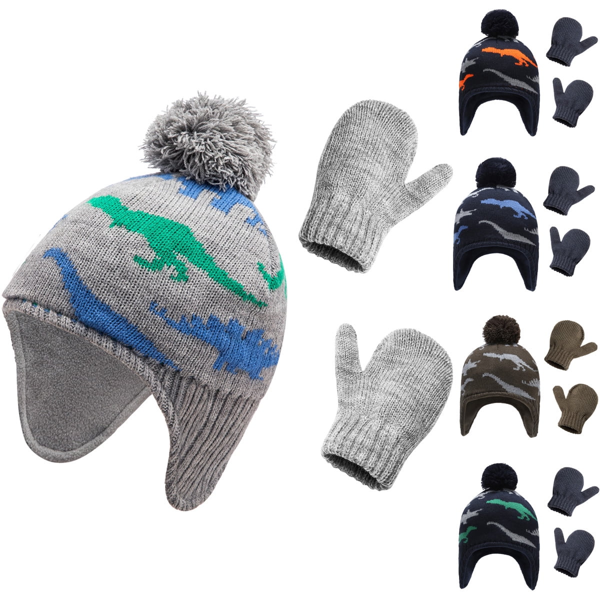 Dress Choice Kids Warm Winter Hat Knitted Pompom Hat Mitten Set