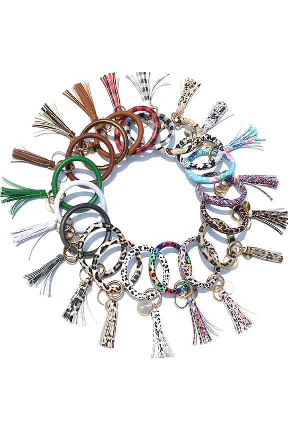 Dress Choice Leather Wristlet Keychain Bracelet Bangle Round Key Ring Large Circle Tassel Key Chain Bracelet Holder Fashion Tassel for Women Girls New Year Valentine's Day Gifts
