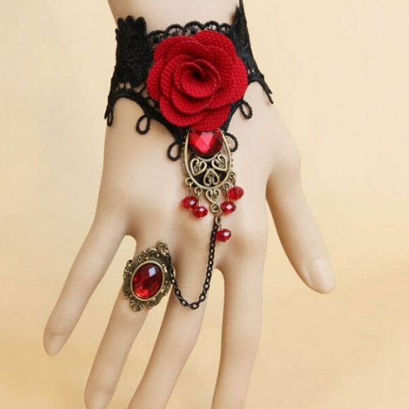 Dress Choice Punk Style Rose Flower Wedding Party Rhinestone Rose Black Lace Choker Beads Tassels Victorian Wedding Bridal Necklace Bracelet with Ring for Women
