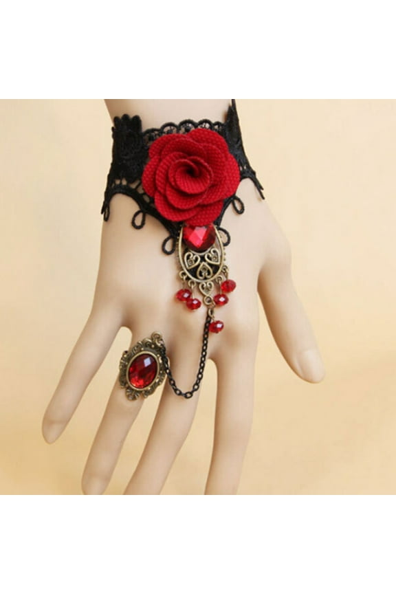 Dress Choice Punk Style Rose Flower Wedding Party Rhinestone Rose Black Lace Choker Beads Tassels Victorian Wedding Bridal Necklace Bracelet with Ring for Women