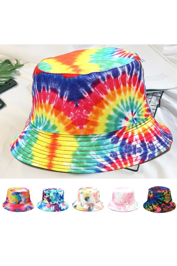 Unisex Summer Trendy Foldable Fisherman Hat Reversible Wide Brim Breathable Rainbow Tie Dye Printed Bucket Hats For Women Men