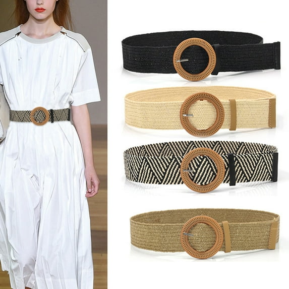 Dress Choice Women Belts For Dresses, Elastic Straw Rattan Waist Band Bohemian Dress Braided Waist Belt With Wood Buckle