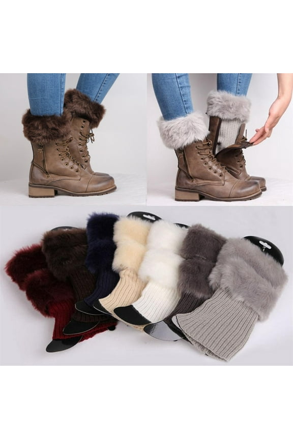 Women Faux Fur trim Boot Cuffs Socks Crochet Knitting Short Leg Warmers