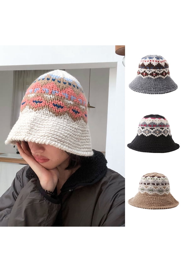 Women Girls Winter Warm Bucket Hat Trendy Beanie Hat Chunky Cable Knit Hats Foldable Floppy Knitted Cap for Outdoor