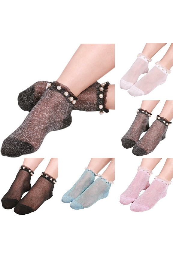 Women Socks Fashion Ultra-thin Elastic Net Transparent Mesh Silk Stockings Sparkle Ankle Socks Sheer Slouch Sock with Pearls Multicolor