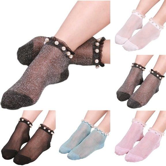Dress Choice Women Socks Fashion Ultra-thin Elastic Net Transparent Mesh Silk Stockings Sparkle Ankle Socks Sheer Slouch Sock with Pearls Multicolor