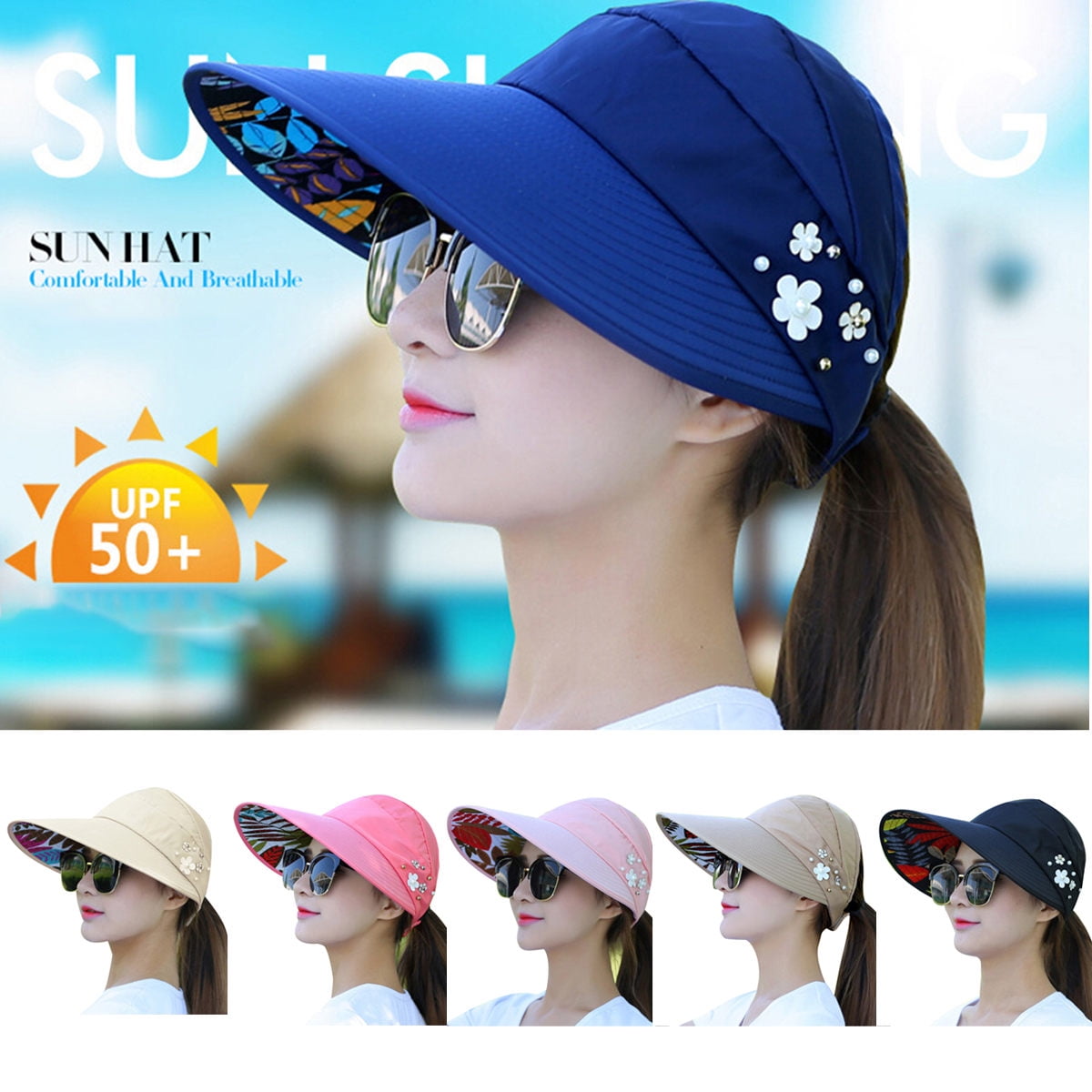 Qisiwole Extra Wide Brim Sun Visor Packable Open Top Bucket Hats Women UV Protection Beach Strap Hat Deals, Women's, Size: One size, Blue