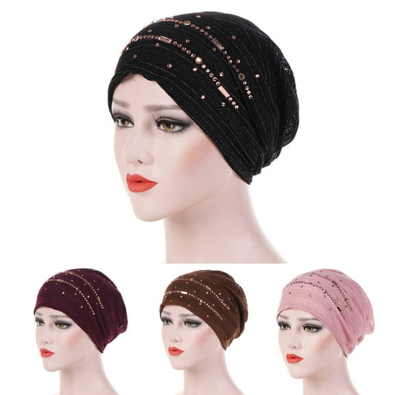 Dress Choice Women's Turban Hat Rhinestone Pearl Turban Head Wrap Baggy Soft Slouchy Beanie Chemo Cap Headwear Hair Wrap for Cancer Patient