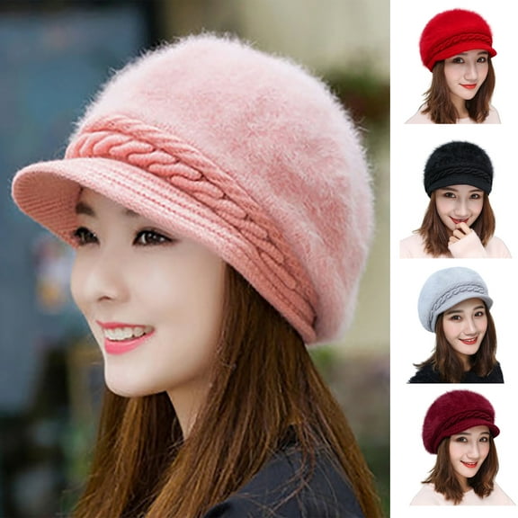 Dress Choice Women's Winter Warm Hat Crochet Plush Beanie Knitted Newsboy Caps with Visor for Daily Wear
