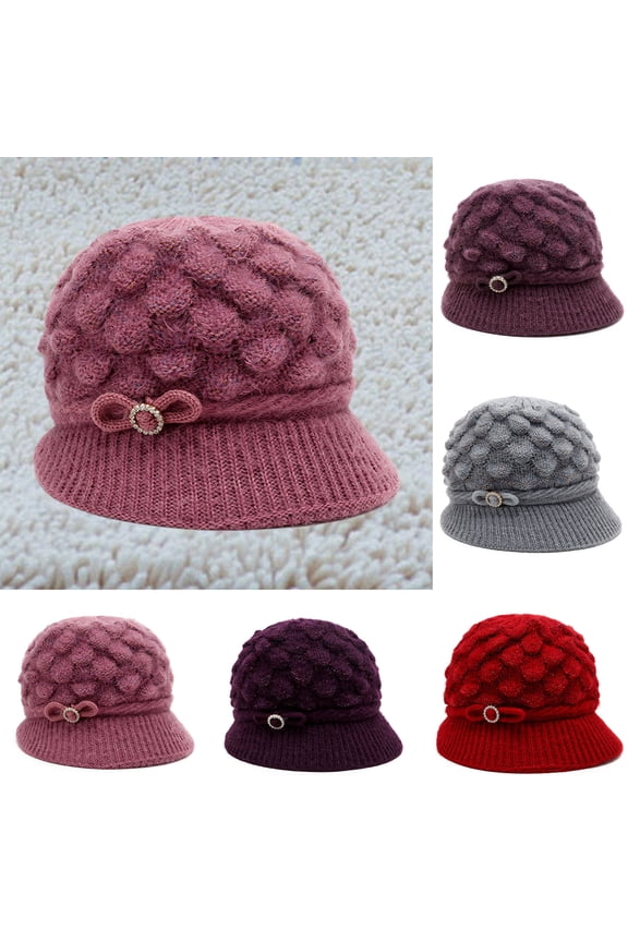 Womens Brimmed Beanie Winter Hats Winter Knit Beanie Hats Crochet Visor Brim Caps Warm Cable Ribbed Chunky Skull Caps for Cold Weather