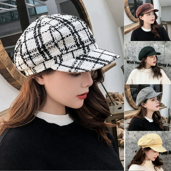 Dress Choice Womens Spring Plaid Print Beret Newsboy Cap Warm Classic Vintage Fashion Beret Hat Octagonal Cap for Girls Womens