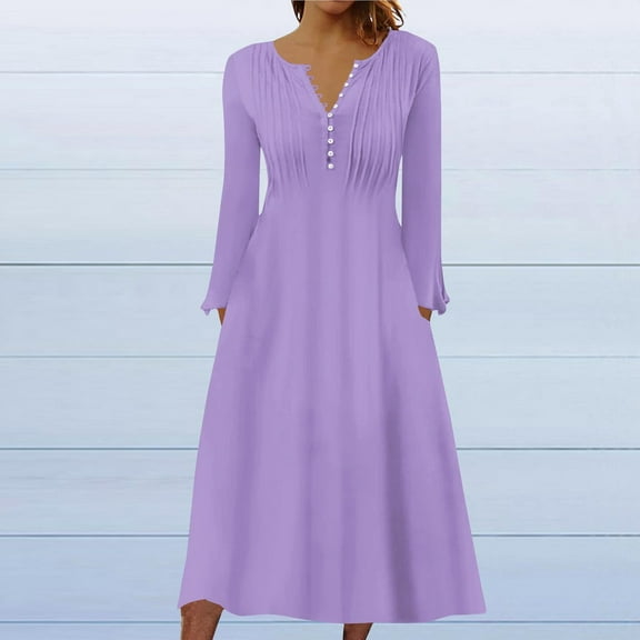 pstuiky Dresses for Women, Women Button Flower Print Pleated Dress Long Sleeve V-Neck Dress Mid-Calf Dress with Pocket Leisure Purple XXL