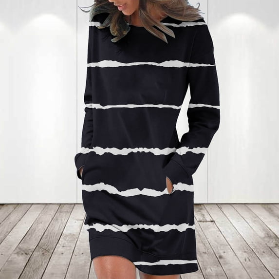 Dress Clearance Sale! pstuiky Dresses for Women, Women Long-Sleeved Sweatshirt Loose Crew Neck Dress Printed Hoodie Dress Jumper Dress with Pockets Leisure Black M