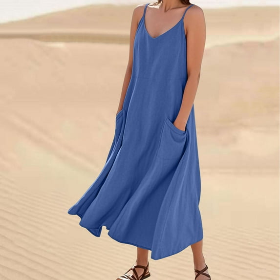 Dress under $10 Summer Dresses for Women Womens Dresses V Neck Casual Solid Color Sleeveless Cotton Linen Long Dress Bohemian Dress