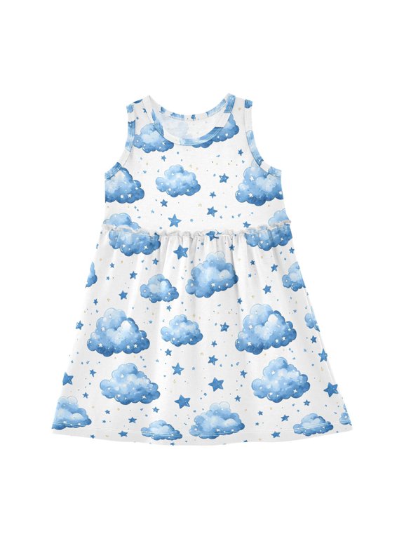 Dress Cloud White Abstract Sleeveless Dress for Hem A-Line Casual Sundress