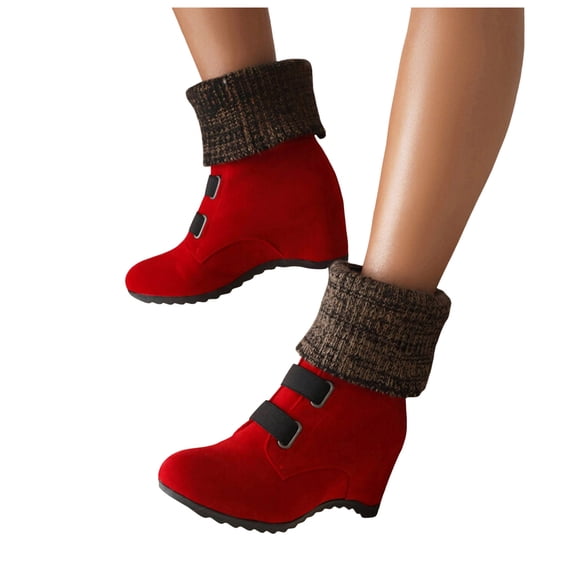 Dress Combat Boots for Women with Hidden High Heels Vintage Fall Winter Suede Knit Wedge Mid Calf Ankle Booties