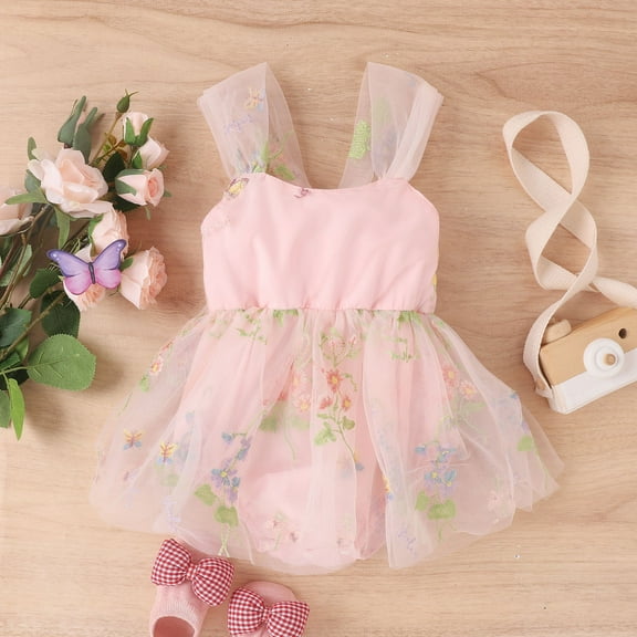 Dress Cute Pattern Embroider Girls Tulle Dress Romper Sleeveless Bodysuit 1st Birthday Girl Gifts Outfits Baby Girl for 6-9 Months