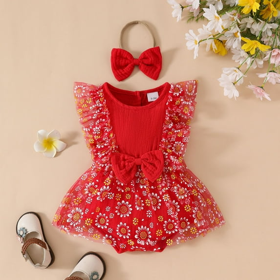 Dress Cute Pattern Embroider Girls Tulle Dress Romper Sleeveless Bodysuit Berry First Birthday Outfit Baby Girl Outfits for Babies 6-9 Months