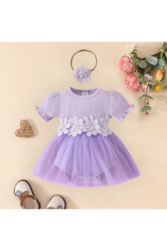Dress Cute Pattern Embroider Tulle Romper Short Sleeve Bodysuit Baby Girl Gift Baby Girl Outfits for Baby Girl 6-9 Months