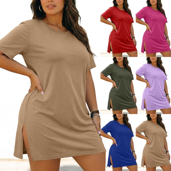 Dress Dqueduo Women's Solid Color Loose Short Sleeve Plus Size Round Neck Dress Blue XXXXXL