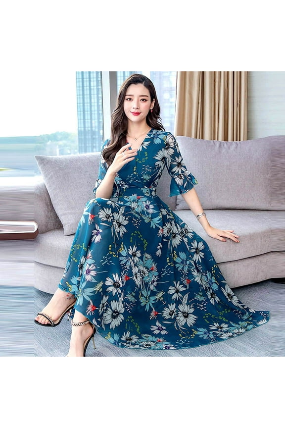 Dress Fashion Casual Women V-Neck Short Sleeve Long Floral Print Slim A-Line Dress Fall Dresses For Women