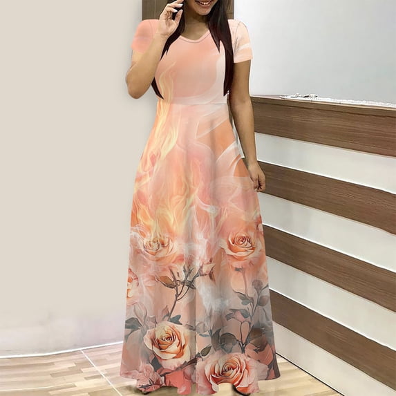 Dress Fashion Outfits Ladies Fashion Women Short Sleeve Round-Neck Dress Printed Long Dresses Pocket Khaki L