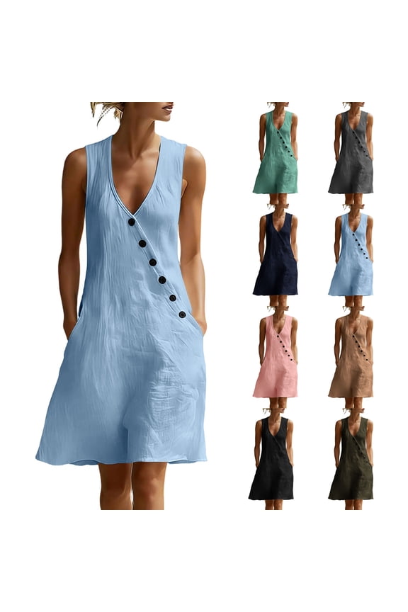 Dress Fashion Outfits Women's V-Neck Sleeveless Mini Dress Asymmetrical Button Down Casual Shift Dress With Pockets Navy L