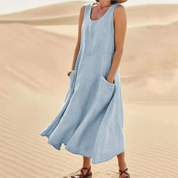 Dress For Women 2022 Fashion Casual Solid Dress Sleeveless With Pocket Loose Dress Tank Maxi Dress