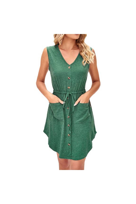 Dress For Women Casual V Neck Solid Color Sleeveless Botton Dress Casual Dress