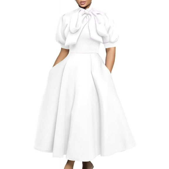 Dress For Women,Women's Bow Tie Neck Casual Midi Dress Loose Solid Shift Dress