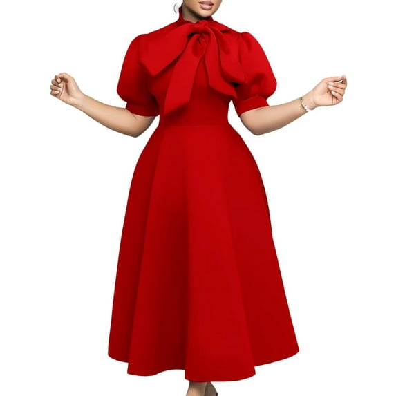 Dress For Women,Women's Bow Tie Neck Casual Midi Dress Loose Solid Shift Dress