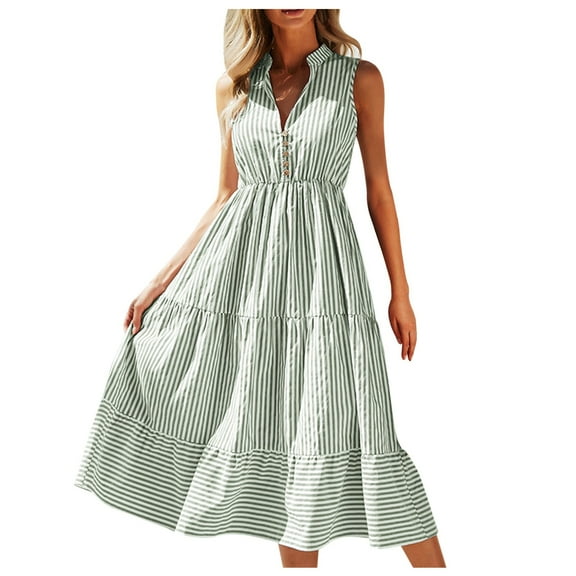 Dress For Womens Summer Sleeveless Collar Striped V Neck Flowy Casual Midi Dress
