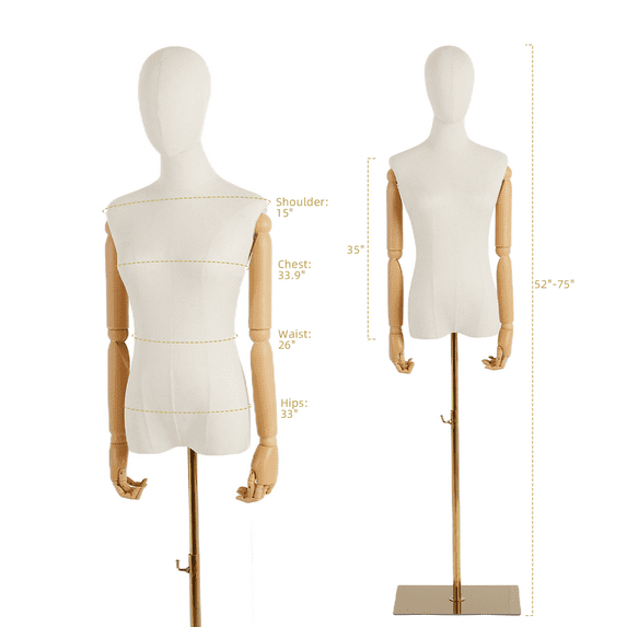 Dress Form with Head and Posable Wood Arms, Model Display Body Stand with Detachable Gold Metal Bracket and Rectangular Base
