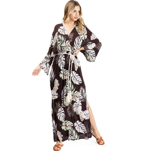Dress Forum Women's Boho Kimono Style Long Kaftan Maxi Dress (Brown, Small)