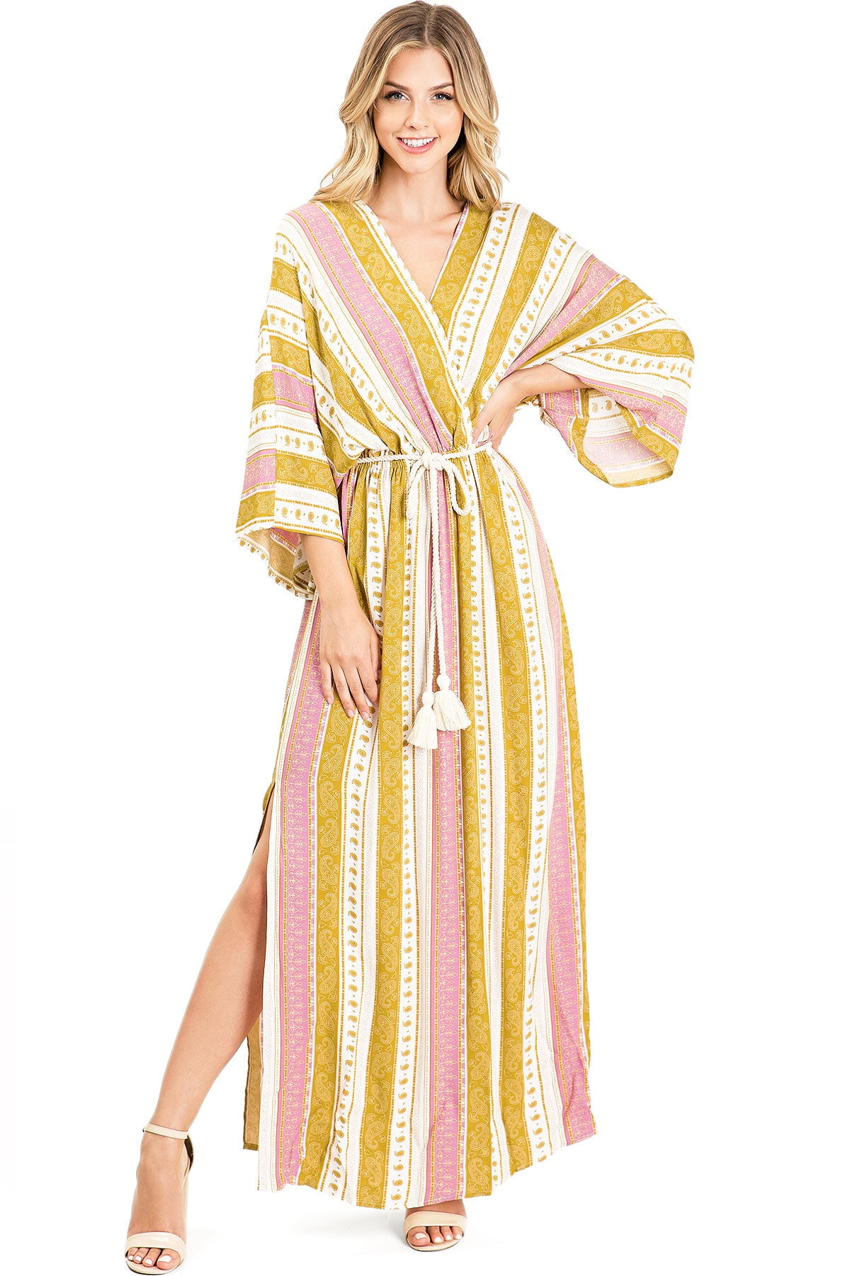 Dress Forum Women's Boho Long Maxi Dress w Kimono Sleeves (Mustard