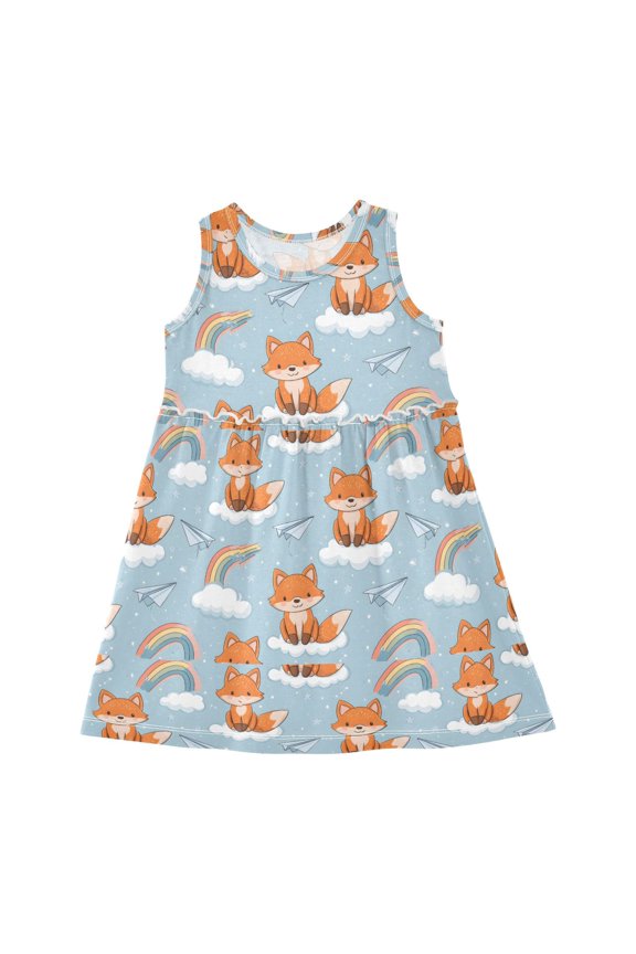 Dress Fox Cloud Rainbow Sleeveless Dress for Hem A-Line Casual Sundress