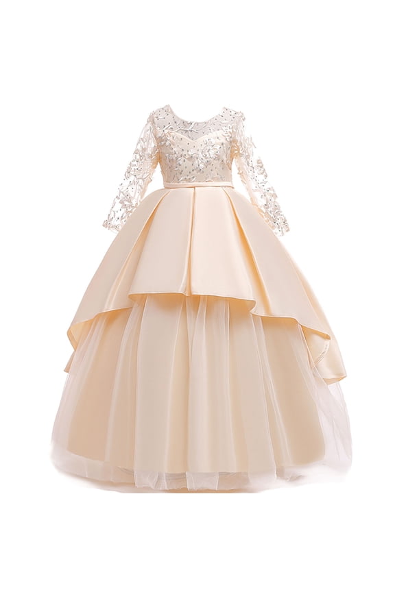 Dress Gift for Girls Girls Dress Lace Embroidery Flowers Long Sleeve Dress for Girls Net Yarn Temperament Bowknot Birthday Party Gown Long Dresses Prom Gown Save Big