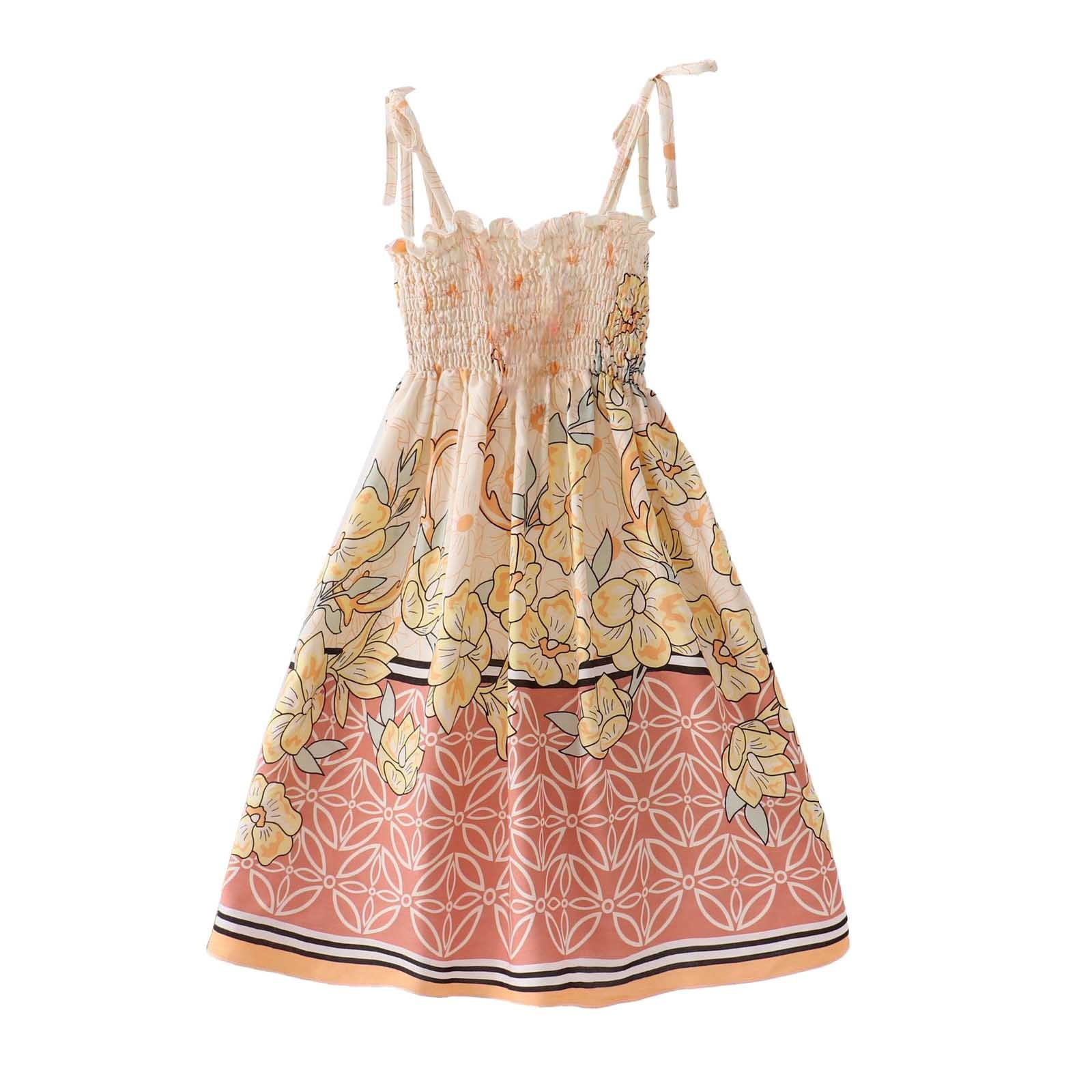 Hiwil Little Girls Bohemian Rainbow Sundress - Summer Beach Dress With Necklace, Knee Length