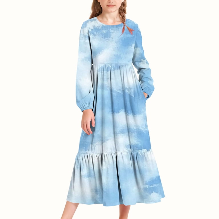 autumn jersey dresses Dress Girls Long Sleeve Children's Dress Cotton Festive Winter Casual Kids A-Line T-Shirt Dresses with Pockets Light Blue 4-5Years neoclassical