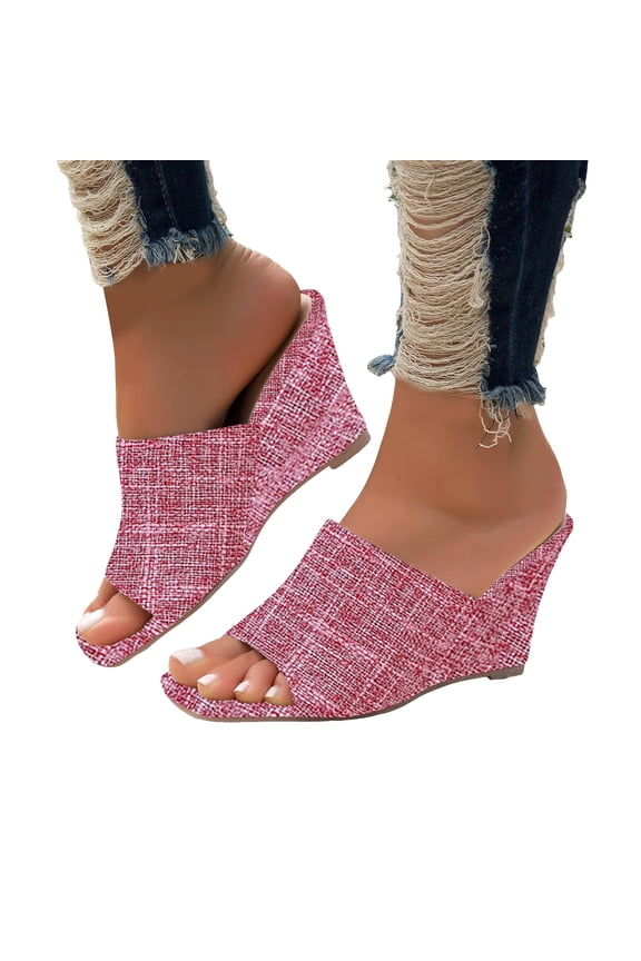 Dress High Heels Slides Sandals for Women 2025 Summer Linen Beach Casual Square Toe Wedge Heeled Slip on