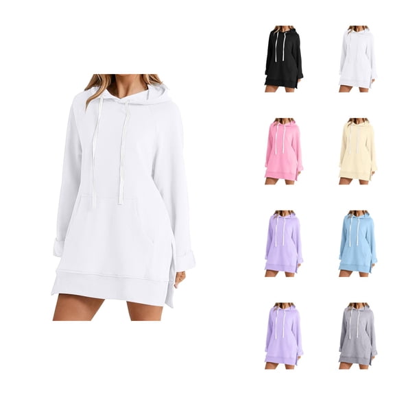 Dress Hoodies for Women 2026 Fall Winter Casual Long Sleeve Side Slit Hem Hooded Sweatshirt Dress with Pockets Pullover Top