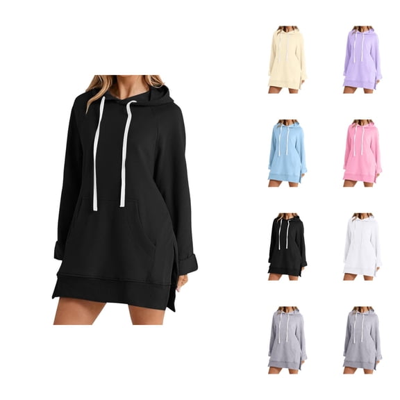 Dress Hoodies for Women 2026 Fall Winter Casual Long Sleeve Side Slit Hem Hooded Sweatshirt Dress with Pockets Pullover Top
