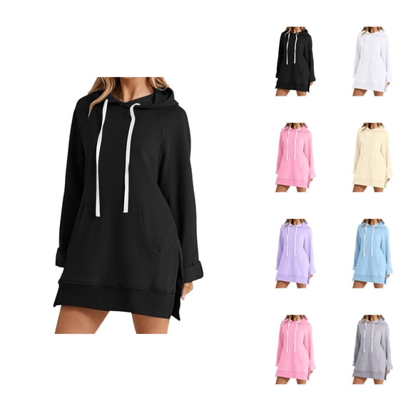 Dress Hoodies for Women 2026 Fall Winter Casual Long Sleeve Side Slit Hem Hooded Sweatshirt Dress with Pockets Pullover Top
